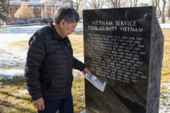 Southern Ute Veteran Rod Grove gives a brief history of the Vietnam memorial in the Southern Ute Veterans Memorial Park on Tribal campus, emphasizing the impact that the Vietnam War has had on many returned veterans — many who lost their lives at home due to the effects of Agent Orange, PTSD, alcoholism and drug abuse. 
