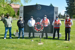 Members of the Southern Ute Veterans Association: Howard Richards Sr., Rod Grove, Rudley Weaver, Bruce LeClaire, Raymond Baker and Gordon Hammond assemble in front of the Southern Ute Veterans Memorial in Veterans Park after the Memorial Day ceremonies. The ceremonies were scaled back due to Coronavirus Protocol.