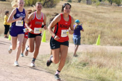 Senior Charlize Valdez (533) leads Rye’s Clarissa Peterson (534) and La Jara Centauri’s Austyn Shawcroft (528) around a bend in the Norris-Penrose Event Center course during the 2020 CHSAA Class 2A State Championships in Colorado Springs. Again a front-runner for SJBL Girls’ Runner-of-the-Year, Valdez was recently named All-SJBL as well as First Team Academic All-State.