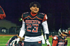 Ignacio’s Joe Garcia (23) was a happy camper on Senior Night; the Bobcats blanked Del Norte to end the abbreviated Fall 2020 football campaign.  Should all go well, Garcia will see one more bit of prep-level action at the upcoming 2021 Hawaii Tiki Bowl, relocated to Orlando, Fla., due to COVID-19 precautions.