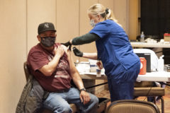 Southern Ute tribal member Roger Sage gets a first-round vaccination against the 2019 novel coronavirus, better known as COVID-19, Thursday, Feb. 4. The Southern Ute Indian Tribe partnered with Indian Health Services (IHS) and the Colorado Department of Public Health and Environment (CDPHE) to host a series of vaccination clinics at the Sky Ute Casino Resort. 