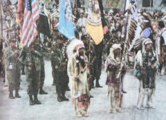20 Years Ago: Austin Box, center, holds the Denver March Powwow Staff, leading the Veterans Color Guard from various tribes throughout the United States and Canada at the Denver March Powwow, held March 16-17, 2001 at the Denver Coliseum. 
This photo was published in the March 23, 2001, issue of The Southern Ute Drum.