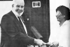 Georgia Pinnecoose accepts the Elbert J. Floyd Education Award from Albert Floyd Jr. on June 13, 1989. The award is given to a deserving individual who is excelling in school or interested in furthering their education.
This photo appeared in the June 23, 1989, edition of The Southern Ute Drum.