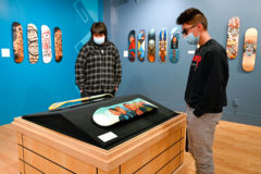 Cyrus Naranjo and Ezekiel Howell view each room of the PIVOT: Skateboard Deck Art Exhibit hosted by Fort Lewis College’s Center of Southwest Studies. 