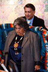 10 Years Ago: Pearl E. Casias made history April 13, 2011, when she was sworn in as the Southern Ute Indian Tribe’s chairwoman, becoming the first woman ever to take the reins and lead the Tribe. She quickly named Councilman Mike Olguin her vice chairman and Andrew Frost her executive officer. Ute Mountain Ute Chairman Gary Hayes was present to honor Casias with a blanket and be the first tribal leader to shake her hand as chairwoman.
This photo was first published in the April 22, 2011, issue of The Southern Ute Drum.