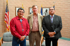 UMU Tribal Chairman Manuel Heart and Southern Ute Chairman Melvin Baker stand with Senator Hickenlooper during his visit to Southwest Colorado. 