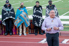 Southern Ute Boys and Girls Club Chief Executive Officer, Bruce LeClaire offers the closing prayer at the Native American Graduation in Durango on Wednesday, May 19. 