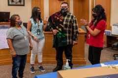 Kevin Rock receives a Pendleton blanket from the Southern Ute Court and staff. The blanket is for completing the tuuCai Wellness Court on Thursday, May 27. Wellness Court is a special court that gets involved when someone is repeatedly being arrested and charged with criminal offenses, is not following court conditions, and/or continues to abuse alcohol or drugs. The court is specifically designed to help individuals overcome their personal struggles and move forward in a positive way. The ceremony was held in the Southern Ute Tribal Courtroom and followed all COVID-19 restrictions. 

 