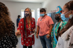 Southern Ute Tribal Councilmember, Linda Baker greets the Sunshine Cloud Smith Youth Advisory Council at the unveiling of the “Healthy Minds, Healthy Choices, Healthy Utes” mural at the Southern Ute Behavioral Health Building on Thursday, June 24. 