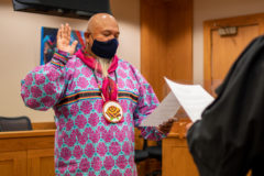 Southern Ute Tribal Elder, Edward Box III is sworn in to the Gaming Commission in the Southern Ute Tribal Courts by Judge Paul Whistler on Wednesday, Sept. 22.