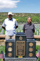 Southern Ute Veterans Association members, Howard Richards Sr. and Rod Grove stand together by the Vietnam War Veterans memorial that was part of their tour of the Santa Fe National Cemetery on Friday, August 27. 