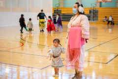 Southern Ute Cultural Night Dance Class instructor, Samantha Maez dances alongside her daughter Consuela “Cella” Phillips. Dance class was held in the SunUte Community Center gym on Wednesday, Oct. 6.  