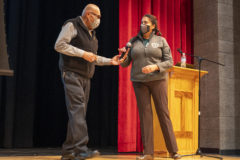 Southern Ute Vice Chairman, Bruce Valdez and Southern Ute Education Department Director, LaTitia Taylor welcome parents and families of Native American students in the Ignacio School District to the yearly Indian Policies and Procedures meeting held in the Ignacio High School auditorium on Monday, Oct. 18.  