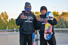 Sunshine Cloud Smith Youth Advisory Committee members, Elliot and Nate Hendren are skating brothers, proudly showing off their new “I Rise Above” hoodies given away during the Skate Park Jam, by the Southern Ute Behavioral Health Dept., Friday, Sept. 24 at the “Píníinu Núuchí” Skate Park. The purpose of the Skate Jam was to bring awareness to suicide and mental health.