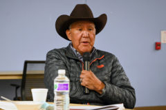 Southern Ute elder and former Chairman of the Committee of Elders, Ray C. Frost, addresses the group of elders and Tribal Council members attending the Committee of Elders survey review meeting, Tuesday, Oct. 26. 