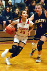Ignacio senior Avaleena Nanaeto (35) drives baseline around Sargent's Mary Willis (4) during the Lady Bobcats' season-opener, Dec. 2, at the Centauri-hosted Mountain Top Classic in La Jara. Nanaeto would score 19 points against the Lady Farmers, and total 38 during IHS' three games at the event. 