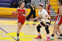 Ignacio’s Marissa Olguin (3) patiently dribbles the ball around the perimeter, shadowed by Bayfield’s Alaysia Kremer (32) during varsity action Fri., Dec. 17, inside BHS Gymnasium.  IHS won the game 57-16.