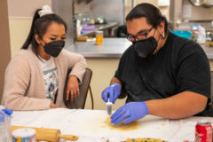 Hunter Frost and Kelcie Whammers cut the topping of their pie crust at the pie making workshop at the Multi-Purpose Facility, Tuesday, Nov. 10.  

 