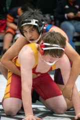 Southern Ute tribal member, Tavian Box, battles against a student athlete from Rocky Ford, Colo. at the Middle School Regional Wrestling Tournament in Alamosa, Colo. Box took second place in the regional tournament.  