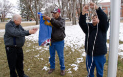 10 Years Ago: Members of the Southern Ute Veterans Association Howard Richards Sr., Rod Grove and Larry Tucker gathered in the Southern Ute Veterans Park on Monday, March 19, 2012, to perform a blessing on a Southern Ute tribal flag prior to its dedication at the Colorado State Capitol in Denver on Thursday, March 29. Tucker performed the ceremonial blessing. This photo first appeared in the March 23, 2012, edition of The Southern Ute Drum.