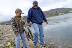 10 Years Ago: Lake Capote opened the gates to fisherman on Thursday, April 12. Snow flurries interspersed with clear skies and crisp air did not deter the many fishermen who descended on the lake for opening day. Drawing anglers from the Ignacio community and as far south as Farmington, N.M. Derby prizes were awarded totaling in the hundred-dollar range for specially tagged fish. Lake Manager Craig Reinhart manned the bait shop with a little help from Parks and Recreation Manager, Josh Batchelor. 
This photo was first published in the April 20, 2012, issue of The Southern Ute Drum.