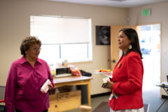 Southern Ute Vice Chairman Ramona Eagle and Council Member Dr. Stacey Oberly enjoy light refreshments on Wednesday, March 30, during the Open House at the Southern Ute Education Department for Native American high school students and their families. Attendees were entered in a drawing for numerous prizes, given a tour of the Department, and given a tutorial on how to navigate “Infinite Campus,” the application used to view the student’s progress in each class.  