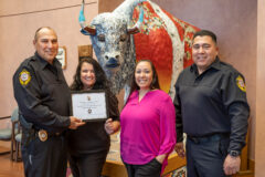 A certificate of recognition was awarded to SUPD Communications Officer Dolores Gallegos on March 18, in appreciation for 15 years of dedicated service to the Southern Ute Police Department. The certificate was signed by SUPD Chief of Police, Ray Coriz Jr. and Acting Communications Manager, Amelia Aguilar. Also pictured is SUPD Police Lieutenant Juan Martinez (far right), Gallegos works as a Dispatcher for SUPD.