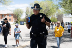 Lieutenant Deirryck Begay of the Southern Ute Police Department (SUPD) takes part in the walk while enroute to the Bear Trail. SUPD was vital in helping make sure that the event was safe, and traffic was directed accordingly.  