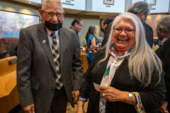 Council Treasurer, Marjorie Barry and Jicarilla Apache Nation President, Edward Velarde share a laugh during the visit.   