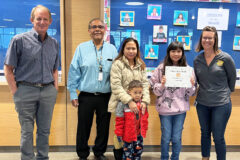 Samantha Elk, daughter of Nathan and Meyannie Elk, is a recipient of the April Citizenship of the Month Award for “friendship.” She is a former Southern Ute Montessori Indian School student, a Bear Dancer, and loves the Ute language. The friendship award is given to students for their kindness, helping others in the classroom and on the playground. She is courteous to others and is a student at Bayfield Intermediate School. She is pictured with school counselor Rob Stafford, Nathan Strong Elk, Meyannie Elk, Jayden Elk, Savannah Elk, and school principal Amber Connet.