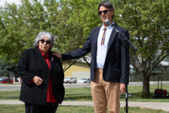 Judge Scott Moore introduces former Chief Judge and Tribal Chairman Pearl Casias as one of the two Ute women being recognized in a dedication ceremony to acknowledge the renaming of the Justice Building to the Casias-Newton Justice Center, Monday, May 16.  