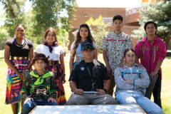 A small group of dancers and singers gave a Bear Dance presentation to the North American Indigenous Games NAIG Council Board of Directors. Top row, left to right; Lexy Young, Monika Lucero, Elisia Cruz, Cyrus Naranjo, and Noah Box. Bottom row, left to right; Thunder Windy Boy, Tim Ryder, and Bird Red.