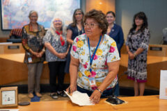 During the Tribal Council regular meeting held on Tuesday, June 14, Vice-Chairman Ramona Eagle signed the Native American Responsible Fatherhood Proclamation. Tribal Council expressed their gratitude to the Social Services Division for honoring Native American fathers and each Council Member shared their fond memories of their fathers. This proclamation was approved two days before the annual Fatherhood is Sacred Walk events which took place on Thursday, June 16 behind the SunUte Community Center and in front of the Leonard C. Burch Building.  