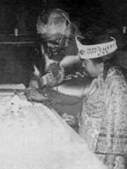 Sunshine Smith and Leah Sage cutting the cake in their honor for the present and past queens of the Southern Ute Tribe. This photo first appeared in the September 10, 1982, edition of the Southern Ute Drum.  