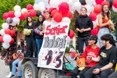 The Senior Class at Ignacio High, rally together during their last Homecoming Parade. Tribal members, Jasmyn Doyebi, Autumn Sage and Alexis Ortiz are shown together with their classmates.  