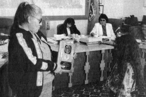 Vice-Chairwoman Vida Peabody congratulates Brandy Naranjo for her hard work as a member of the 1991-92 Southern Ute Royalty. This photo first appeared in the November 13, 2012, edition of the Southern Ute Drum. 