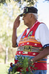 Southern Ute Veterans Association Commander, Howard Richards Sr. salutes the flag during a VFW event in Durango, Colo. Richards was recently named as the Special Vice President for the Southern Ute Association and the Ute Mountain Ute Veterans. Richards is a Vietnam combat veteran, and former Chairman of the Southern Ute Indian Tribe.  