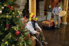 Southern Ute elder, veteran and spiritual leader, Dr. Jim Jefferson was honored with a bonnet from Southern Ute tribal member, Nathan Strong Elk, Wednesday, Dec. 7 in the main lobby of the Southern Ute Cultural Center and Museum. Strong Elk sings an honor song for Dr. Jefferson as a way of honoring the bonnet he was gifted from Strong Elk. To support Jefferson in a humble way, as life is short, with healing, forgiveness and reconciliation. “We have to honor our elders while they are still here,” said Strong Elk.