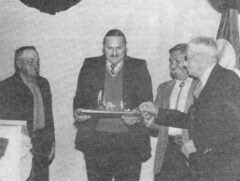 Monday, Jan. 10, 1983 commemorated the last payment on the Vallecito Dam Project. Pictured are: Irrigation District board member, Rex Richmond, Durango Bureau Director John Brown, Southern Ute Tribal Chairman Leonard C. Burch and Irrigation District president Ed Lane as they set fire to the 40-year mortgage. This photo first appeared in the January 14, 1983, edition of the Southern Ute Drum.