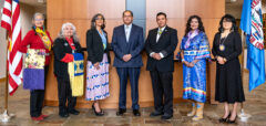 The newly elected council members, Marvin Pinnecoose and Marjorie Barry, took their seats on Tribal Council following the swearing-in ceremony Tuesday, Dec. 6, 2022. Pictured from left to right: Linda Baker, Marjorie Barry, Vice Chairman, Lorelei Cloud; Chairman Melvin J. Baker, Treasurer, Marvin Pinecoose, Dr. Stacey Oberly, and Vanessa Torres.  