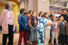 Southern Ute Indian Montessori Academy’s elementary students sang a song with Southern Ute tribal elder and former Ute Language teacher Georgia McKinley during the gathering at the Multi-Purpose Facility. 