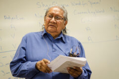 Southern Ute elder Bennett Thompson instructs an Ignacio Junior High School class on Ute language on Tuesday, Jan. 29, during a special poetry project in which students used Native American language to create Chinese form poems. This photo first appeared in the February 8, 2013 edition of the Southern Ute Drum.