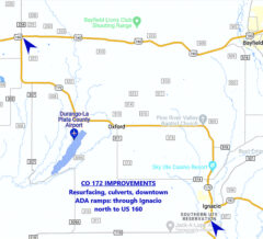 Map showing the construction zone south of Ignacio to south of Elmore's Corner on US 172. Resurfacing and improvement work is set for CO 172 from south of Ignacio, through the town and will extend for 16.7 miles to just south of the US 160 junction at Elmore’s Corner. 