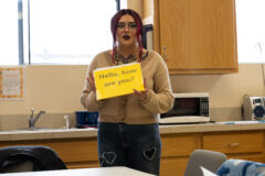 Harley Monte instructs the small class of tribal and community members on how to say greetings in the Ute Language at the Southern Ute Education Center on Wednesday, Feb. 22. The Ute Language Class was hosted by participants of the SILDI program, which requires students to instruct six hours of Ute language classes.  