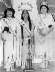 The winners of the Denver March Powwow royalty were announced.  Those crowned were Williamette “Pebbles” Thompson, Miss Denver March Powwow; Ronaldlyn Tiznado, Jr. Miss Denver March Powwow First Alternate; and Teresa Harlan, Jr. Miss Denver March Powwow. This photo first appeared in the April 8, 1983, edition of the Southern Ute Drum.   