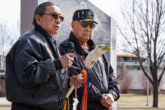 Southern Ute Veterans Association Commander, Howard Richards Sr. and Ute Mountain Ute Vietnam Veteran, Terry Knight welcome attendees to the annual Vietnam Veterans Day recognition celebration, held at the Southern Ute Veterans Memorial Park in Ignacio, Wednesday, March 29. 