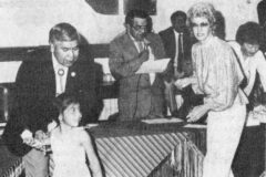 Chairman Leonard C. Burch presents certificates to the Head Start graduates. This was the Southern Ute Chairman’s 17th year in presenting certificates to Head Start classes. Vice Chairman, Chris Baker and SUCAP Director, Donna Young. This photo first appeared in the May 20, 1983, edition of the Southern Ute Drum.