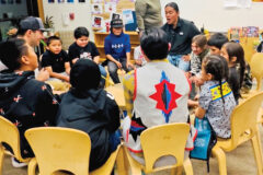 Southern Ute Brave Alternate, Theoden Greany at the Southern Ute Indian Montessori’s first Eagle Wing Drum practice with the Fort Lewis Drum group.