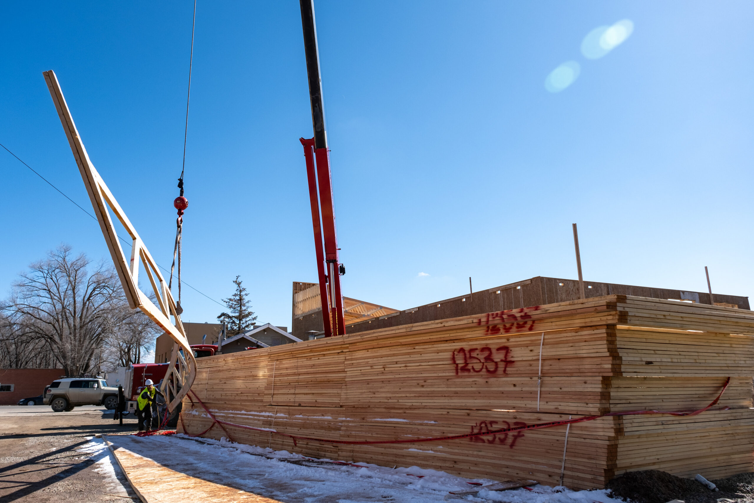 Sherman Construction works in tandem with Head Crane service out of Bayfield, Colo. to set trusses on Monday, Feb. 12 — rescheduled from the previous week due to winter weather conditions.