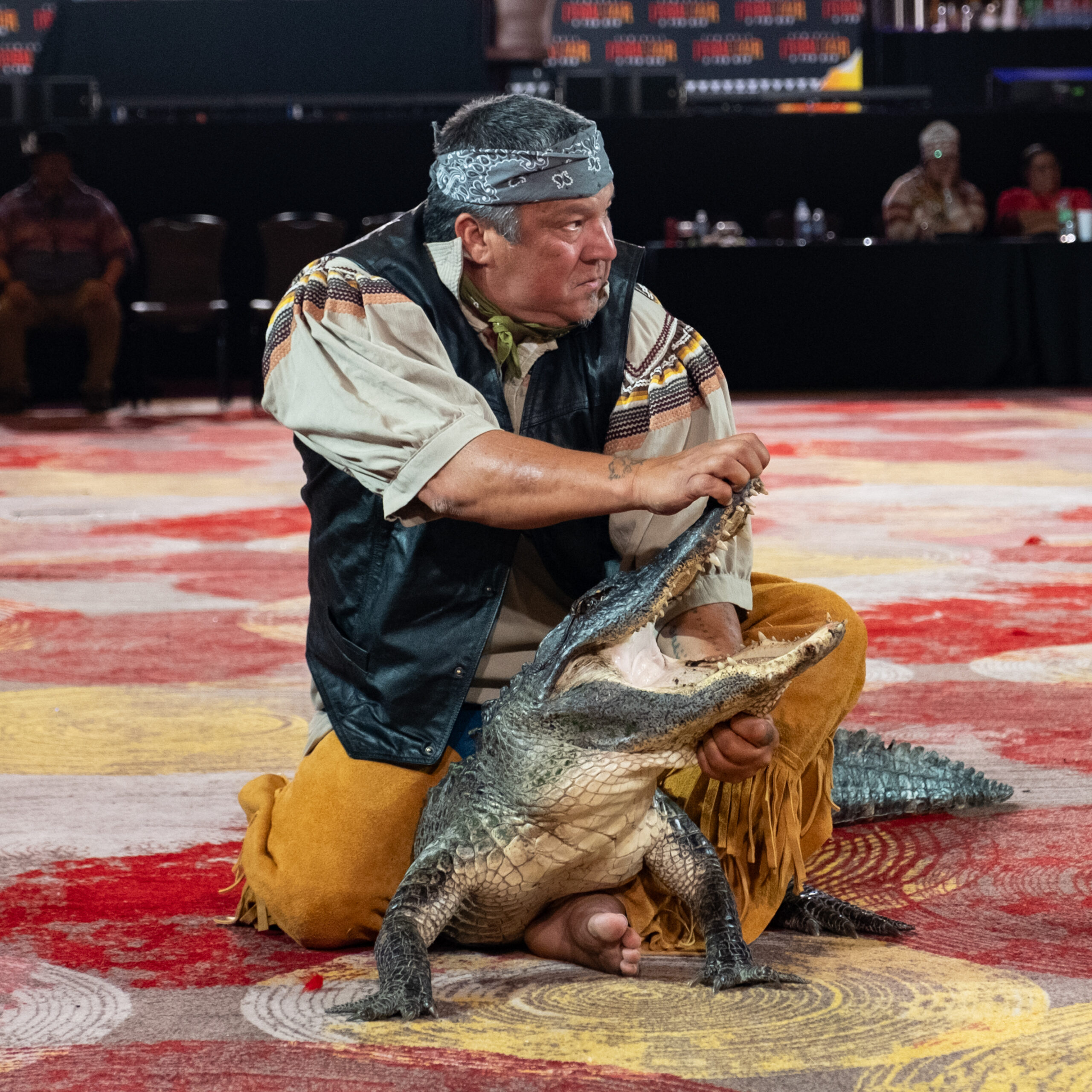 Billy Walker, a Seminole alligator wrestler, puts on a daring performance for powwow spectators each night during the powwow. The alligator demonstration ties back to the Tribe’s history and hunting practices in Florida’s wetlands